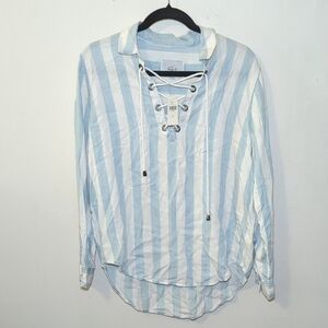 NEW Rails Light Blue + White Uli Block Stripe Lace-up Pullover Blouse Size S NWT